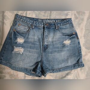 High Waist Distressed Denim Shorts - Blue